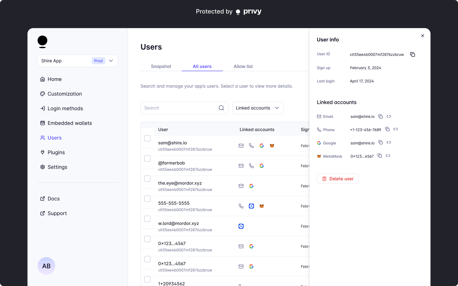 Viewing all users in the Privy Dashboard